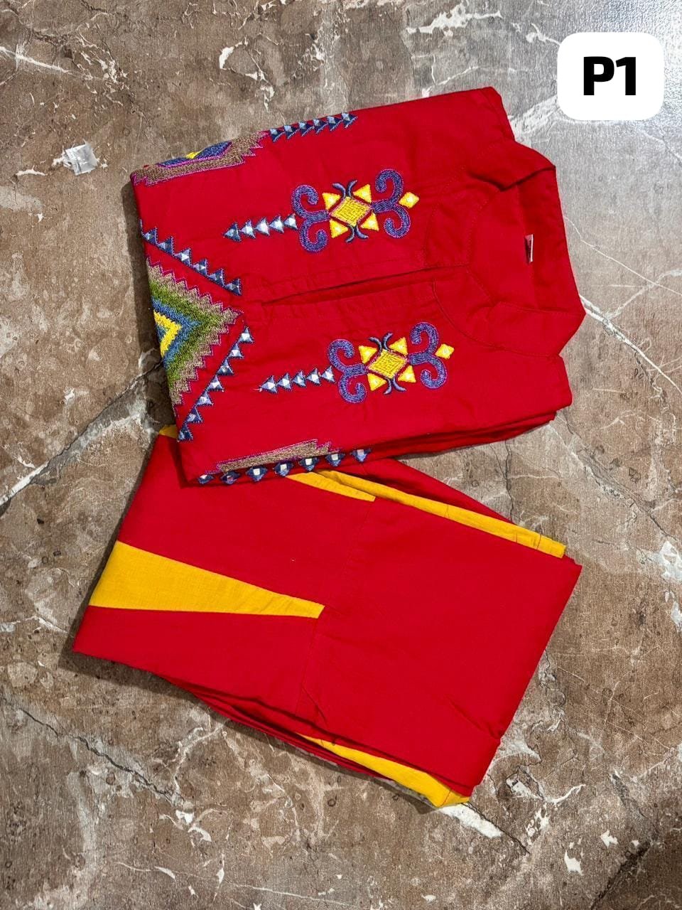 Red Cotton Embroidered Kurti Sharara Cord Set